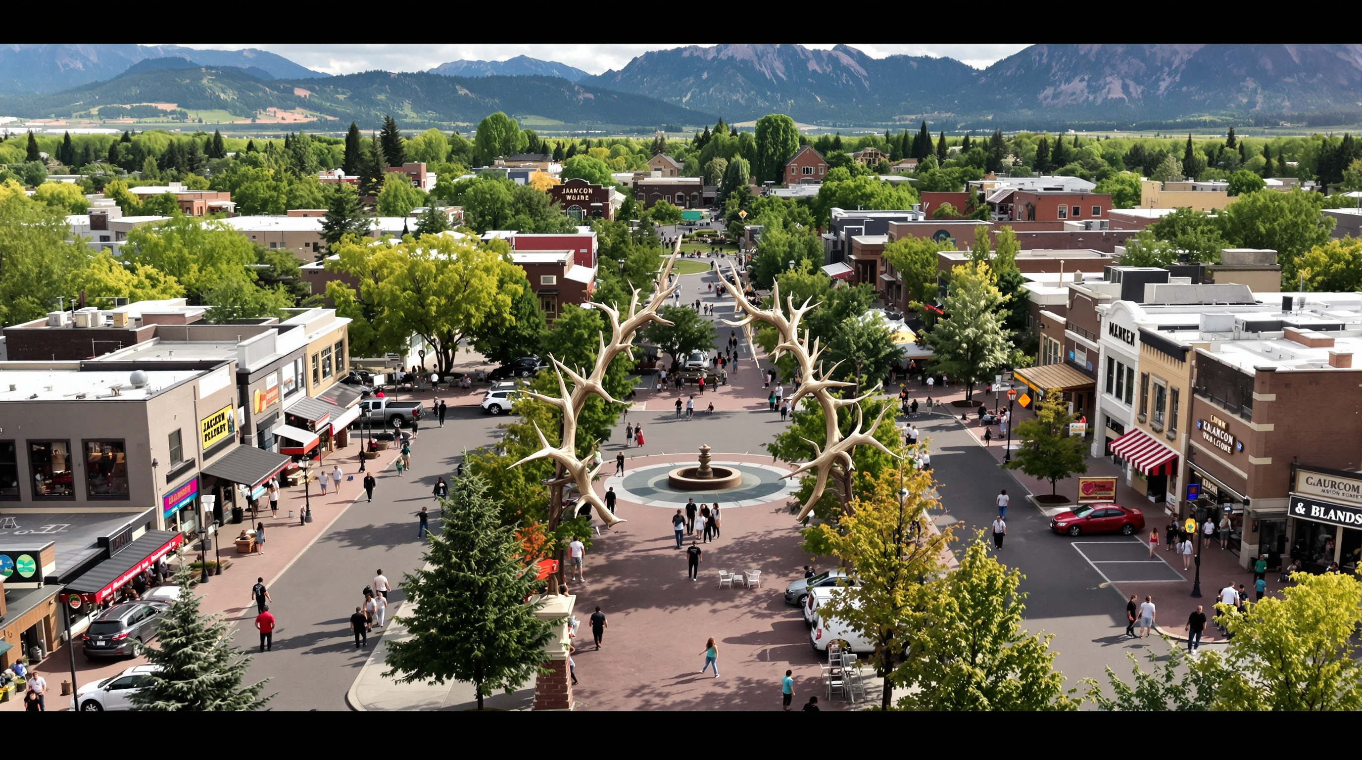 Aerial view of Jackson Town Square with all four antler arches